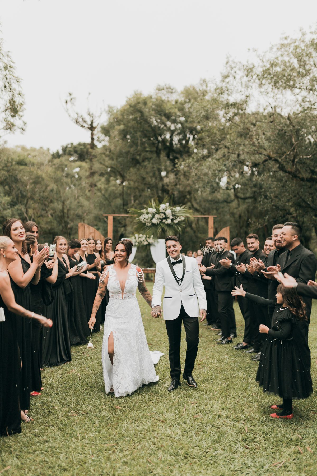 Newlyweds walking down the aisle